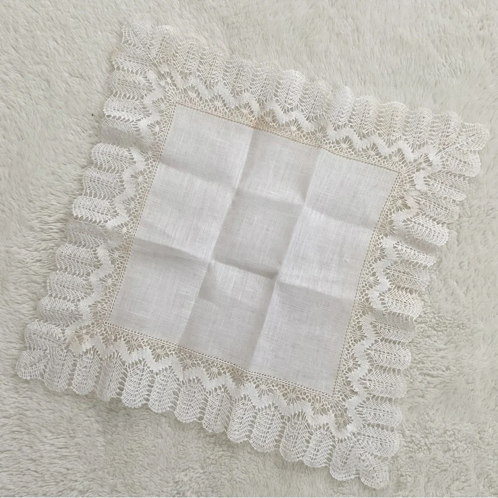 Vintage Bruges Belgium Bobbin Lace Handkerchief Rococo Boxed Linen Bridal Hankie